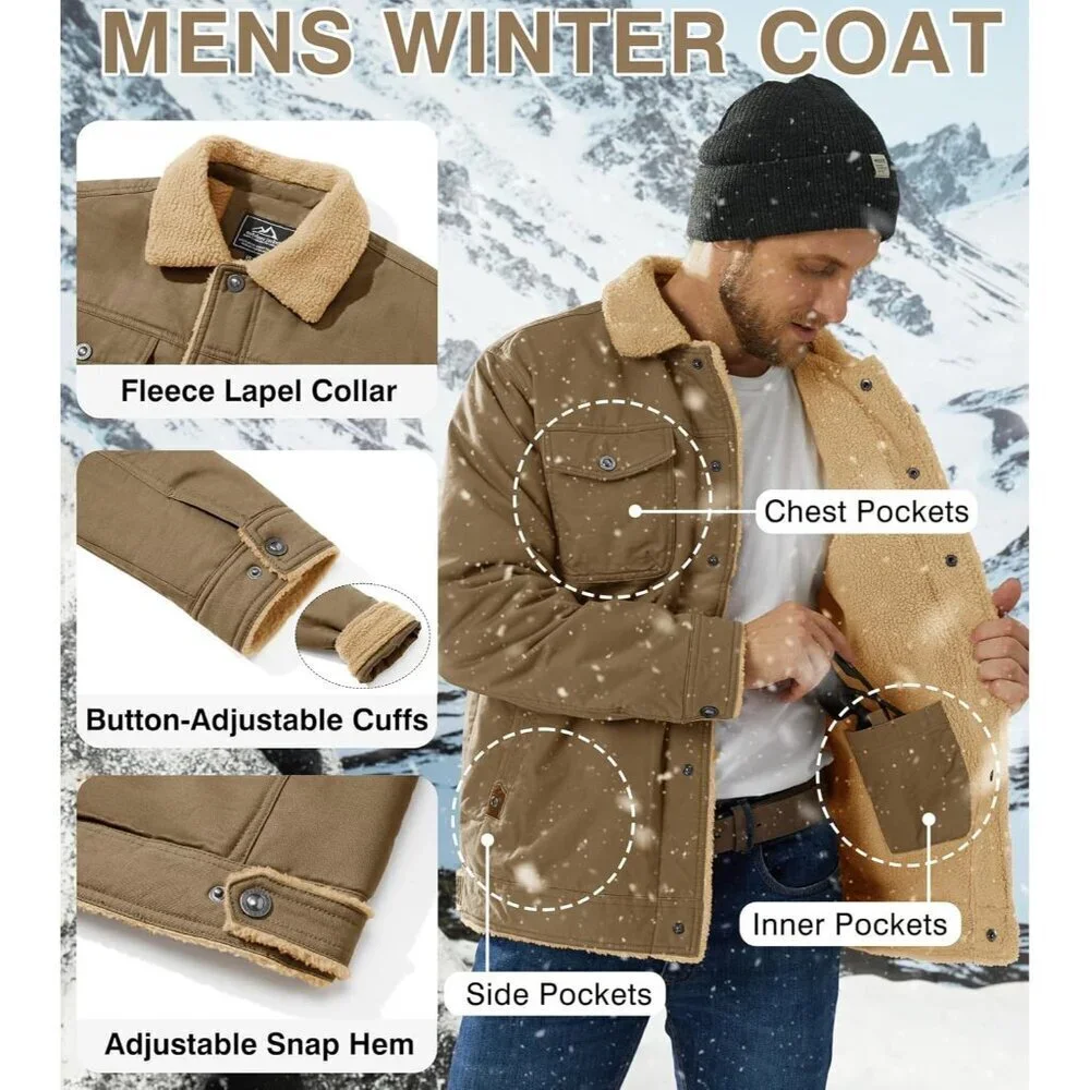 Men's Khaki Winter Thick Thermal Cotton Warm Fleece Lined Coat Cargo Jackets